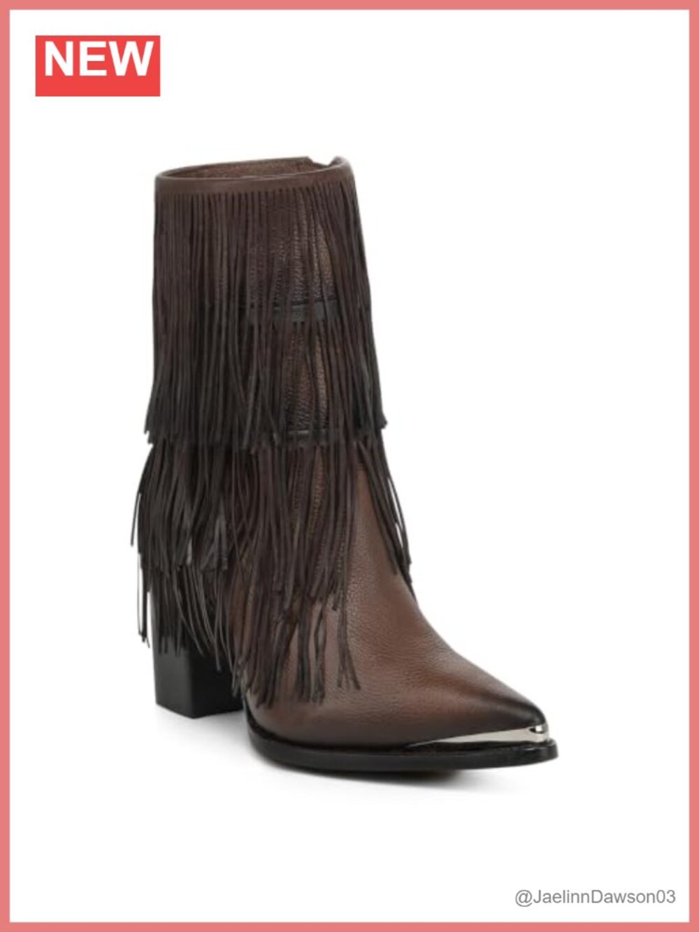Genuine Bovine Leather Ankle Bootie with Fringe, Zip Closure, Block Heel